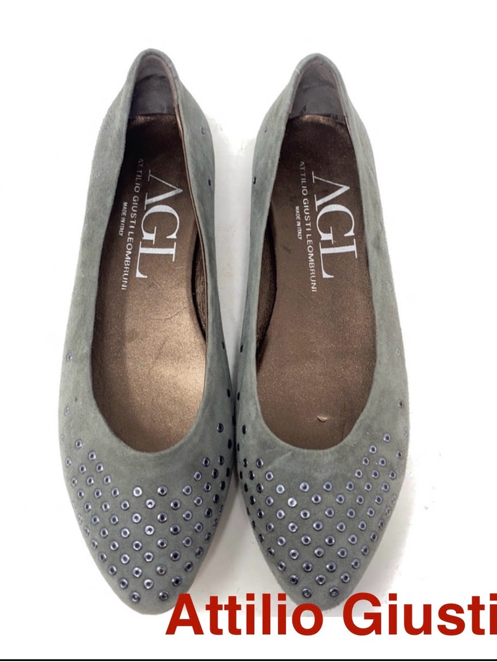 Attilio Giusti Leombruni | Gray Suede Studded Flats - 38.5, Italy, Retail $340